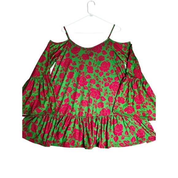 Boohoo Cold Shoulder Bell Sleeve Ruffle Floral Dress Tunic Top Green Pink US 14 - Picture 3 of 9